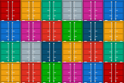 Cargo container in port from ship. Stack of container for export, import and shipping of cargo. Seamless background of transport logistic and freight. Colorful box with goods for warehouse. Vector.