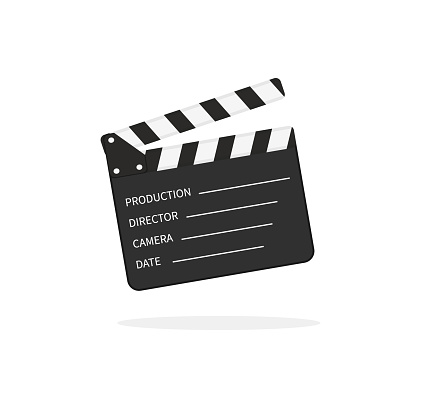 Movie clapper board. Slate of clapperboard. Director of film. take video with clapboard. Movie clapper isolated. Action for production of film. Art of hollywood on cinema. Equipment for video. Vector