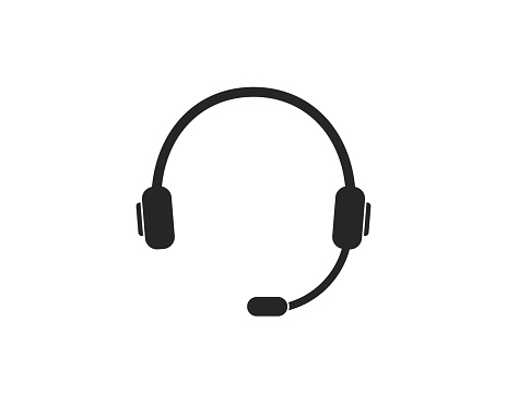 Headphone with microphone. Icon of headset for call center, support of customer. Online callcenter, service 24 7. Silhouette of earphone for listen and talk. Logo of operator and hotline. Vector.