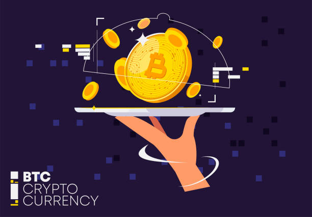 istock vector illustration of a hand holding a tray with a gold cryptocurrency coin with gold coins, futuristic design of graphic elements around 1333346817