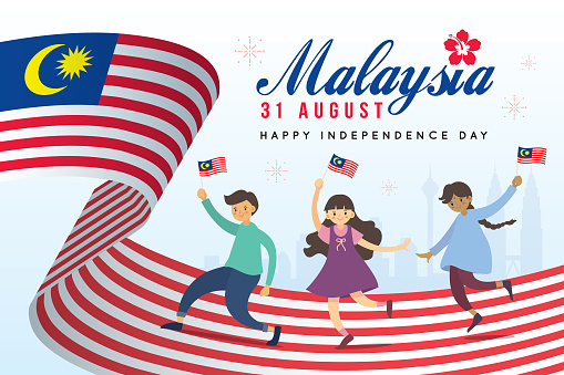 31 August - Malaysia Independence Day. Cartoon Malaysia citizen holding Malaysia flag with cityscape. Flat design. Happy national day vector illustration.