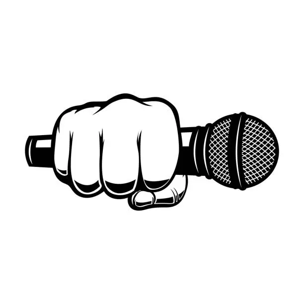 Vector illustration of Human hand with microphone. Design element for sign, label, t shirt. Vector illustration