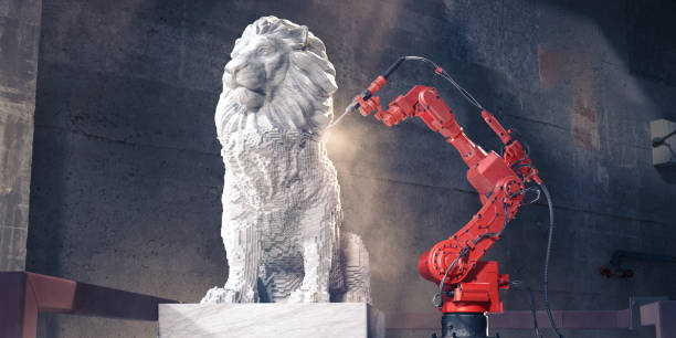 Robotic Arm A digitally generated image of a generic robotic arm part way through sculpting a statue of a lion from marble stone. The robotic arm is working in an old industrial building. artist sculptor stock pictures, royalty-free photos & images