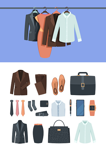 Business clothes. Male and female textile business office style elegant shirts pants belt shoe skirt garish vector flat templates. Illustration blouse and watch, wear tie and clothing suit