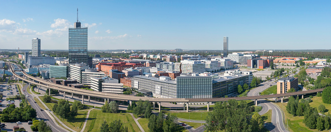 Panoramic view of the commercial district in Kista outside Stockholm, where the offices of many information and communications technology corporations are located. Three of the five tallest buildings in Sweden are located in Kista; Kista Torn (far left), Kista Science Tower (second left) and Victoria Tower (right).