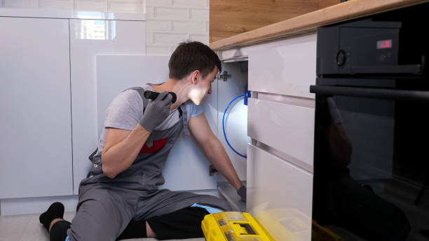 istock Skilled craftsman with flashlight examines pipes under sink 1333349742