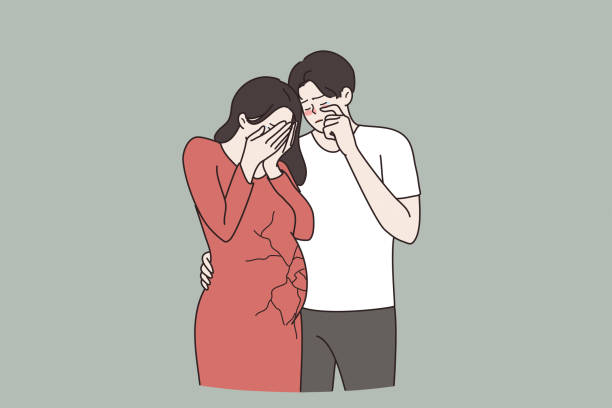 Miscarriage, pregnancy loss, abortion concept Miscarriage, pregnancy loss, abortion concept. Young sad unhappy couple standing woman crying loosing her child covering face with hands vector illustration miscarriage stock illustrations