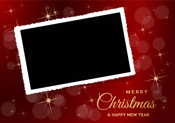 Vector illustration of Christmas background with photo, blank frame. Vector template with picture to insert