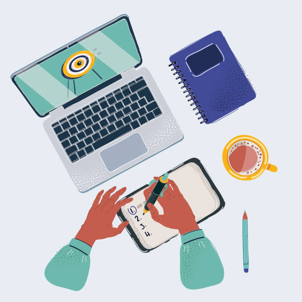 istock Vector illustration of office supplies gadgets on desk. Top view above. Human hand write in planner. 1333353514