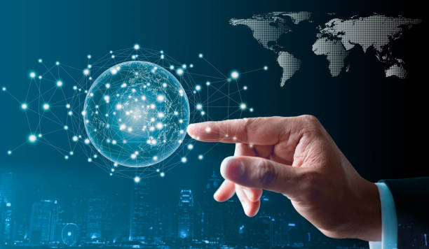 istock Businessman hand touching world global network. 1333354034