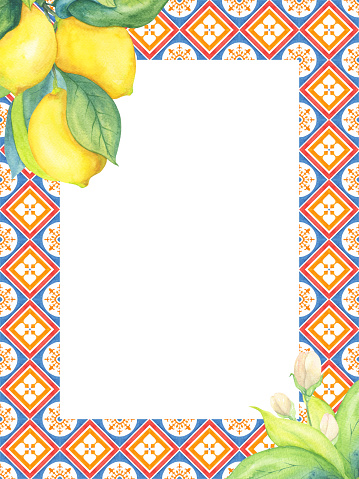 Watercolor frame with geometric pattern and lemons. Illustration on a white background for the design of cards, invitations, labels, menus. Yellow citruses and blue-red tiles.
