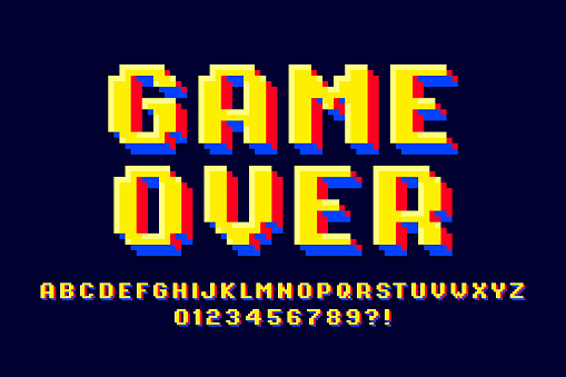 Pixel retro arcade game style font design, 3d alphabet, letters and numbers vector illustration