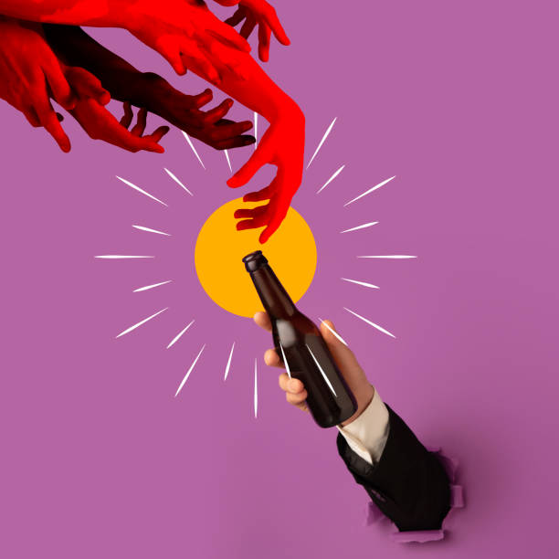 istock Artwork, ad poster with hand holding beer bottle with dark or light, cold beer isolated on purple background. Concept of festival, national traditions, octoberfest 1333358693