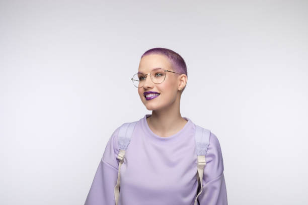 Friendly female student with short purple hair