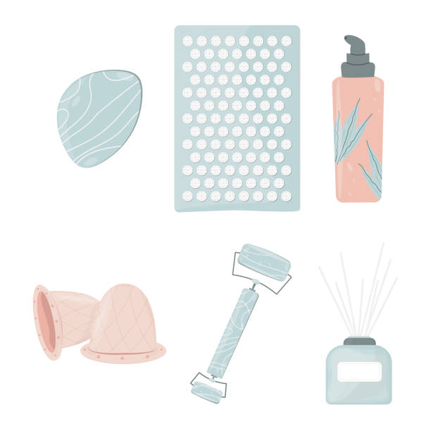 set for home skin care of face and body. Modern popular remedies within the philosophy of skinimalism. Massage devices for lymphatic drainage techniques. Vector illustration, flat set for home skin care of face and body. Modern popular remedies within the philosophy of skinimalism. Massage devices for lymphatic drainage techniques. Vector illustration, flat bathroom silicone stock illustrations