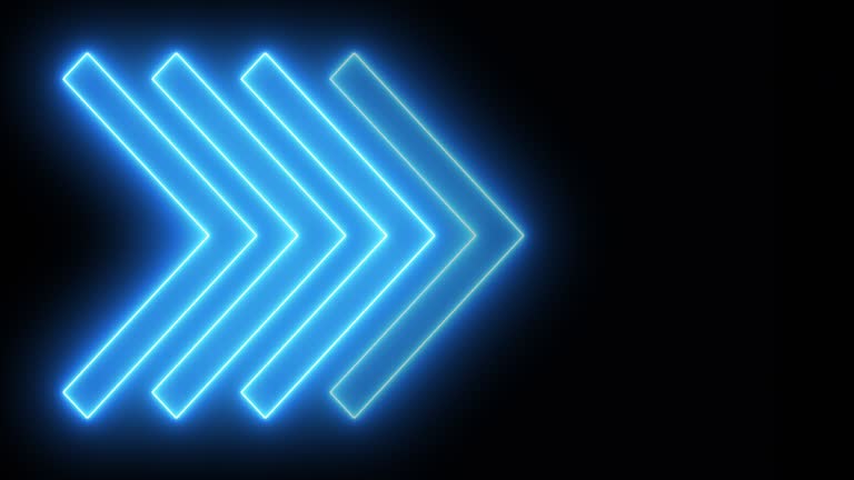 Seamless loop. Blue neon glowing arrows. Direction banner. Futuristic light on black background.