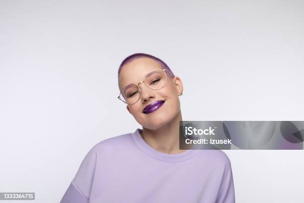 Young Woman With Short Purple Hair Stock Photo - Download Image Now - Purple, Fashion, Generation Z