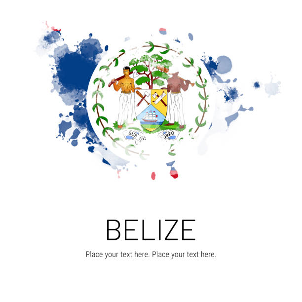 Flag of Belize ink splat on white background. Splatter grunge effect. Copy space. Solid background. Text sample.