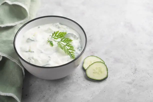 Traditional Indian Raita with cucumber, yoghurt and spices, with copy space