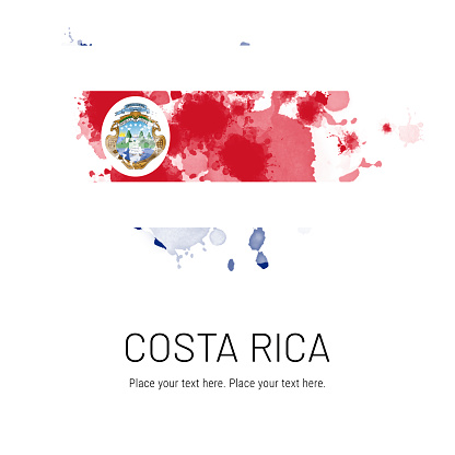 Flag of Costa Rica ink splat on white background. Splatter grunge effect. Copy space. Solid background. Text sample.