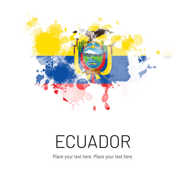 Flag of Ecuador ink splat on white background. Splatter grunge effect. Copy space. Solid background. Text sample.