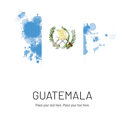 Flag of Guatemala ink splat on white background. Splatter grunge effect. Copy space. Solid background. Text sample.