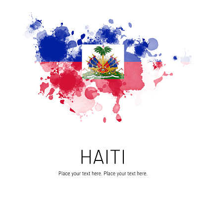 Flag of Haiti ink splat on white background. Splatter grunge effect. Copy space. Solid background. Text sample.