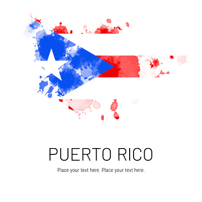 Flag of Puerto Rico ink splat on white background. Splatter grunge effect. Copy space. Solid background. Text sample.