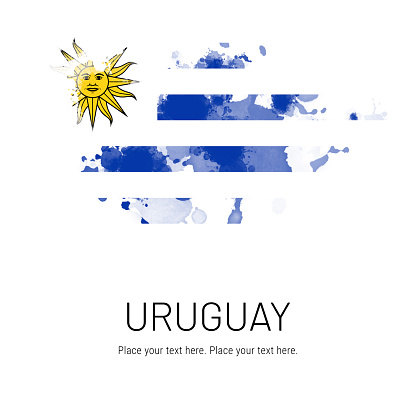 Flag of Uruguay ink splat on white background. Splatter grunge effect. Copy space. Solid background. Text sample.