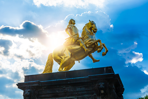 Monument to Peter on the Senate Square and the arch of the Senate and Synod building, St. Petersburg, Russia. The inscription on the monument To Peter the Great Catherine the Second 1782