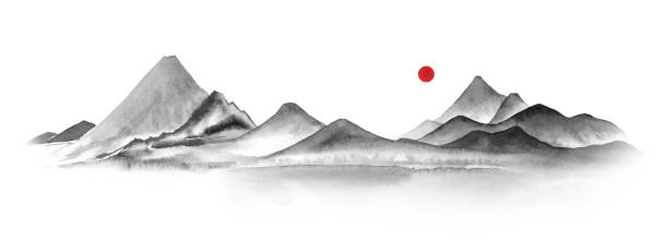 ilustraciones, imágenes clip art, dibujos animados e iconos de stock de montañas de acuarela en niebla dibujadas a mano en estilo sumi-e en pintura tradicional japonesa - círculo sumi