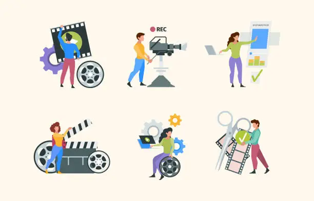 Vector illustration of Filmmaking characters. People shooting photo videography production filming media content video tv advertisment garish vector illustrations in flat style