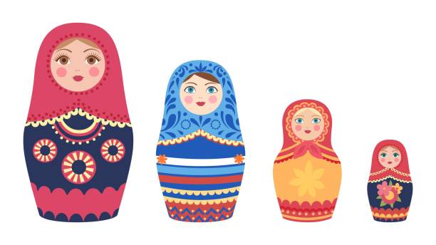 ilustraciones, imágenes clip art, dibujos animados e iconos de stock de muñecas rusas decorativas. muñecas matryoshka, recuerdos turísticos planos de rusia vector conjunto - mamushka