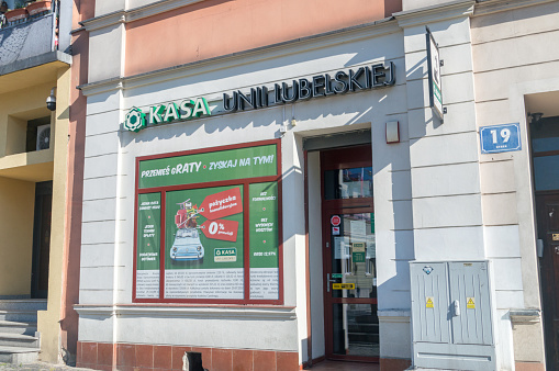 Strzegom, Poland - June 3, 2021: Kasa Unii Lubelskiej bank in Strzegom.