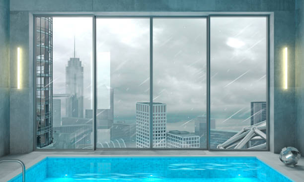 3d illustration. Loft style pool view of the metropolis
