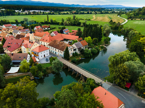Kostanjevica na Krki Old Town Surrounded by River in Slovenia. Drone Aerial Photo.