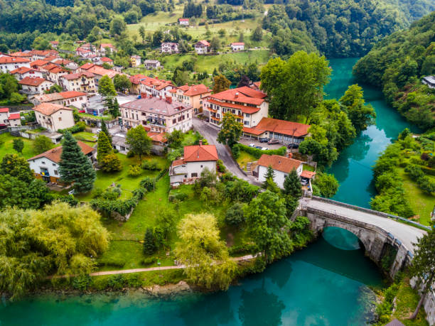 Riverside Most na Soci Picturesque Town in Slovenia stock photo