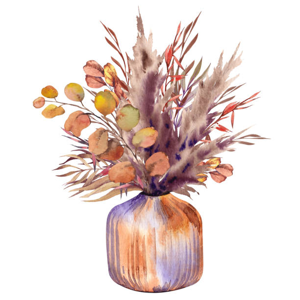Boho vase with pampass grass, eucalyptus and dried leaves. Boho vase with pampass grass, eucalyptus and dried leaves. Watercolor illustration isolated on white background. art deco vase stock illustrations