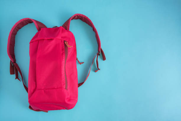 istock A vibrant pink heart-shaped school backpack on a light blue background with copy space. Creative minimal back to school concept. 1333372243