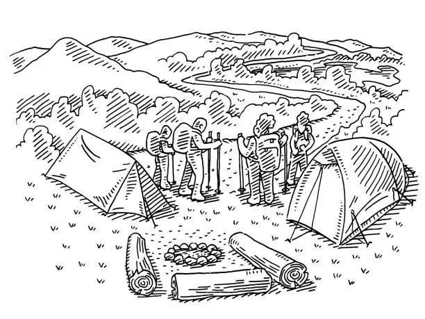 Vector illustration of Outdoor Camping And Hiking Family Drawing