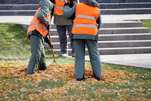 Cleaning leaves in the city park, street sweepers with rake