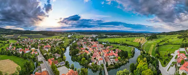 Aerial Panorama of Kostanjevica na Krki Medieval Town in Slovenia.
