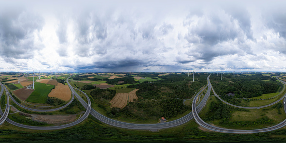 360 degrees spherical aerial panoramic shot of the highway road interchange