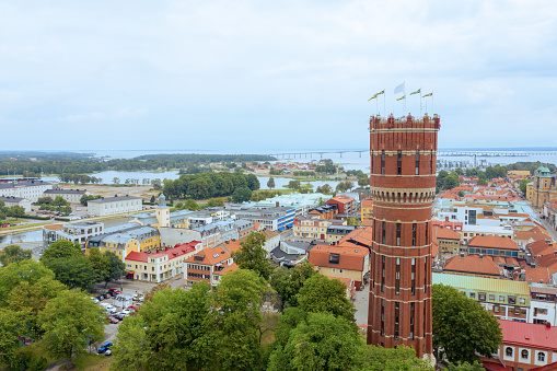 Nysa, Poland - May 1, 2022: Zibice Tower. Medieval gate tower. A gothic building made of red bricks. The view from Bolesaawa Krzzywoustego street