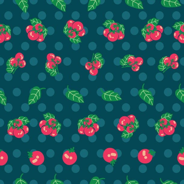 pomidory wiśniowe bez szwu wzór na turkusowym tle z kropkami - cherry tomato spotted tomato polka dot stock illustrations