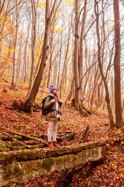 istock Woman walking through forest on an autumn day 1333378095