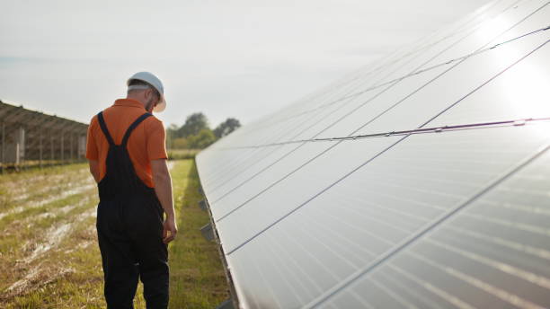 istock Professional male engineer in protective helmet walk on ecological solar plant construction. Concept of electricity, ecology, technologies. Farm of solar panels. Clean energy production. Green energy 1333378152