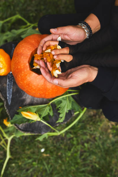 istock Daughter and father hands carving pumpkin for Halloween, Prepares Jack o'Lantern 1333378548
