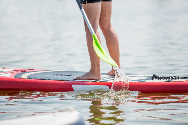 istock Male legs stand up sup paddleboarding on ocean blue water 1333378637