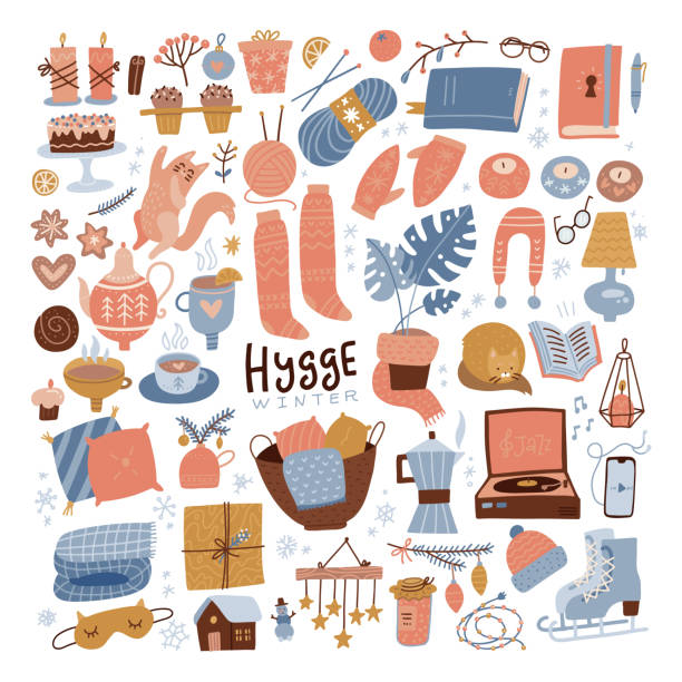Winter hygge clipart set. Cozy winter flat hand drawn illustration for srickers, logo, cards, posters, wrapping, scrapbooking, patterns. Cute warm home elements collection. Vector illustration. Winter hygge clipart set. Cozy winter flat hand drawn illustration for srickers, logo, cards, posters, wrapping, scrapbooking, patterns. Cute warm home elements collection. Vector illustration hygge stock illustrations